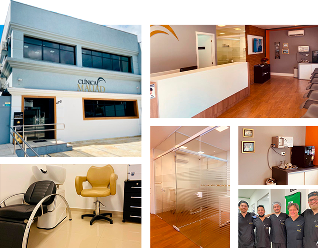 Mosaico de fotos de dentro da clínica, da fachada e da equipe da Clínica Mauad
